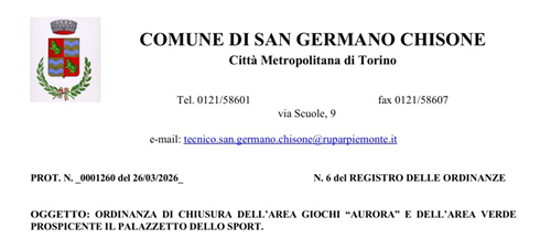 Ordinanza di chiusura dell'area giochi "Aurora" e area verde prospicente il palazzetto dello sport